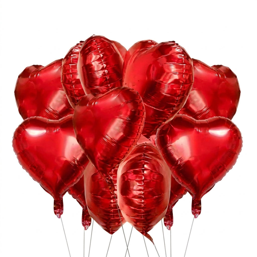 9 red foil heart-shaped balloons in various sizes arranged together on white background