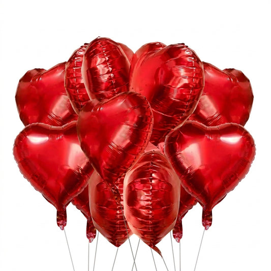9 red foil heart-shaped balloons in various sizes arranged together on white background