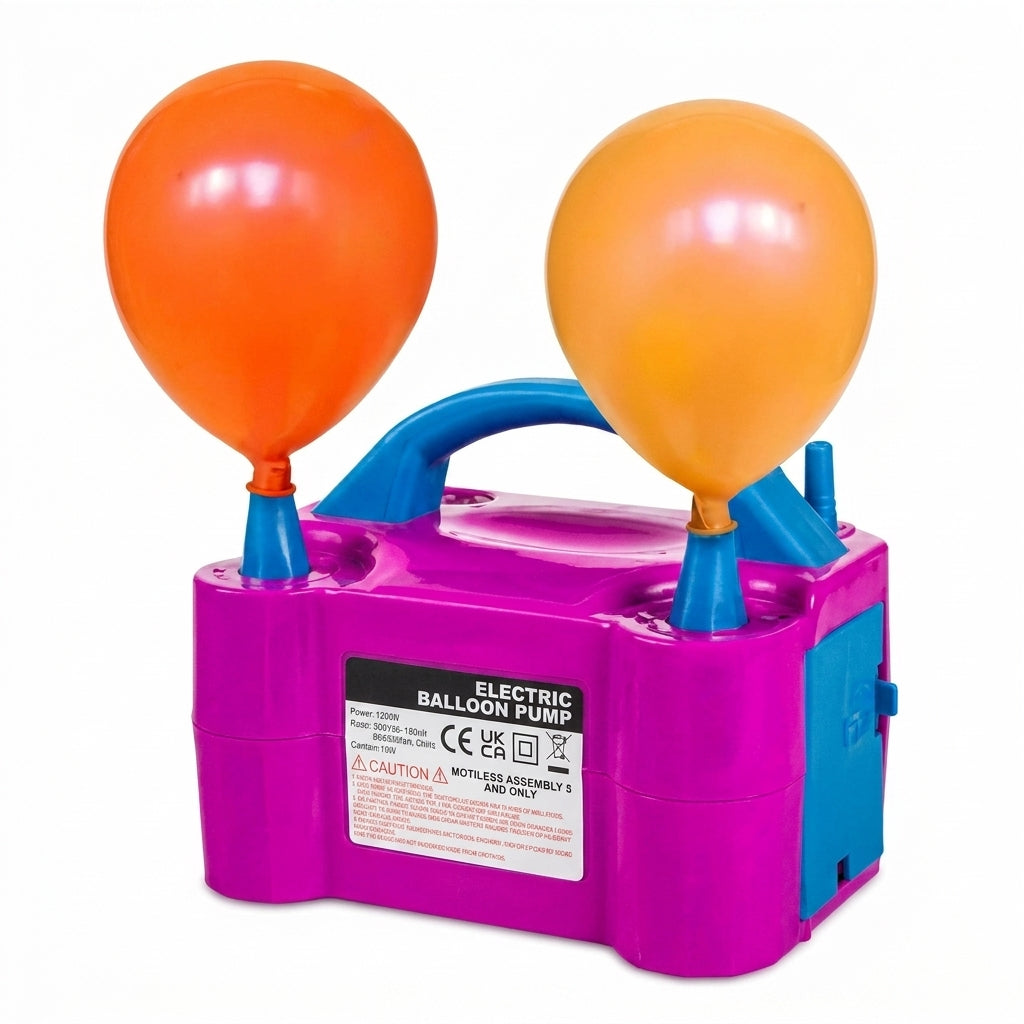 Pink and blue electric balloon pump with two inflated balloons attached to blue nozzle holders