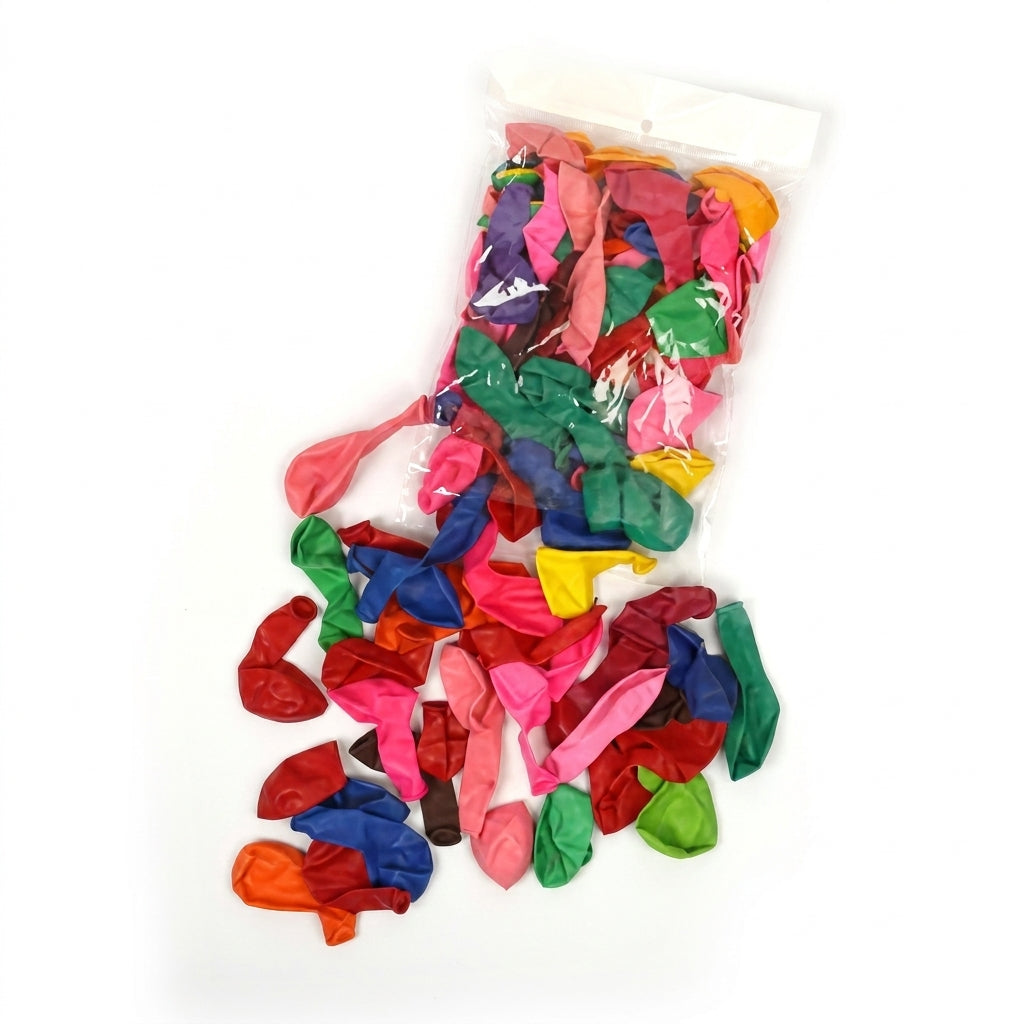 Bag of colorful assorted latex balloons in red, pink, orange, yellow, green, blue, and purple