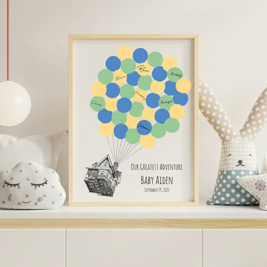 Framed Balloon Signature guest book print with colorful circles and hot air balloon house design