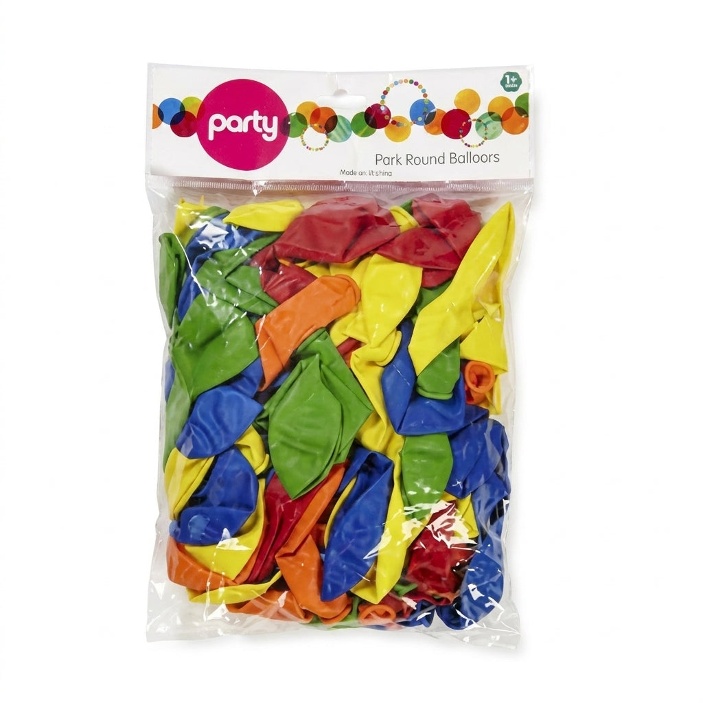 Party Park assorted round balloons in blue, yellow, green, red and orange colors in clear packaging