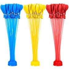 Three bunches of self-tying water balloons in blue, yellow, and red colors with attached stems