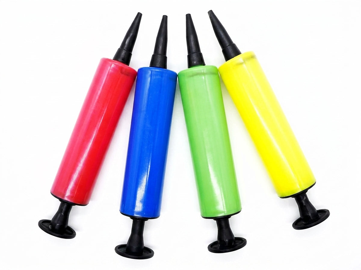 Four colorful balloon pumps with red, blue, green, and yellow barrels and black nozzles and suction cup bases