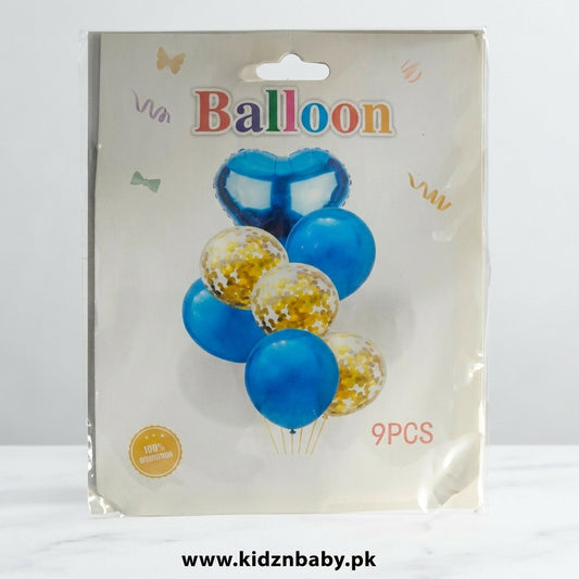 Blue and gold 9-piece balloon set with butterfly foil balloon in retail packaging