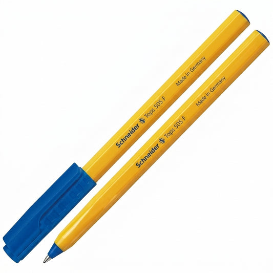 Two Schneider Tops 505 F ballpoint pens with yellow barrels and blue grips, made in Germany