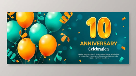 10 Anniversary Celebration Banner with orange and turquoise balloons, ribbons, and confetti on teal background