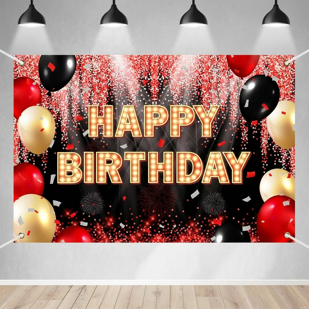 Happy Birthday Banner HB with gold letters, red, black, and gold balloons, sparkles and confetti on dark background