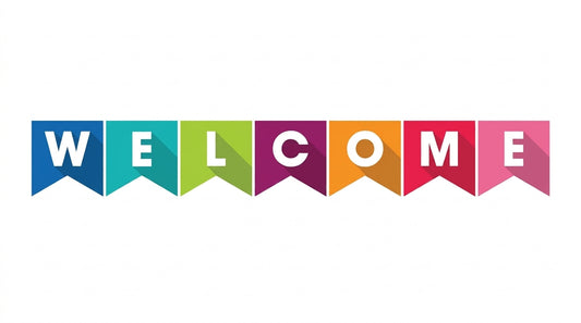 Colorful Welcome Banner with seven rainbow pennant flags spelling WELCOME in white letters