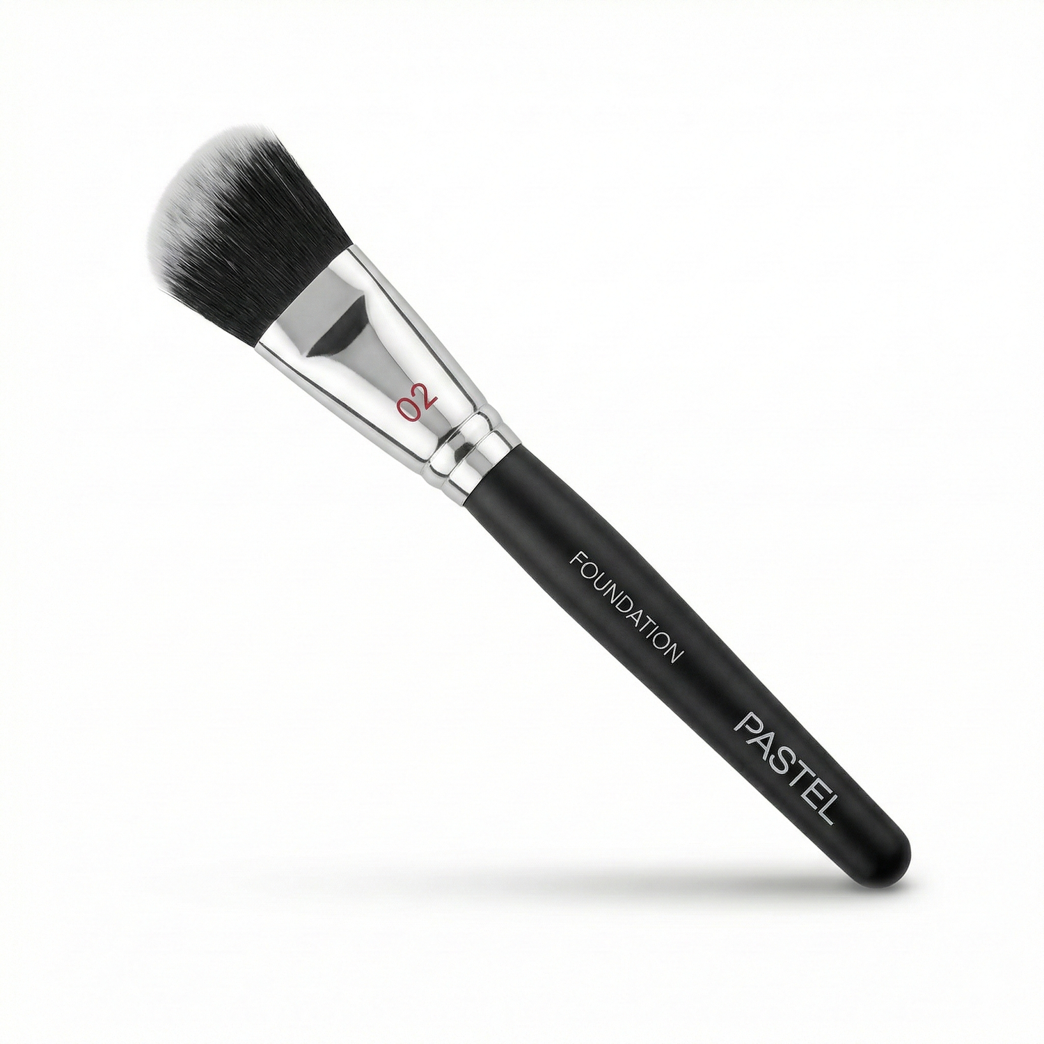 Pastel Base Brush #02 with black synthetic bristles, silver ferrule, and black handle on white background