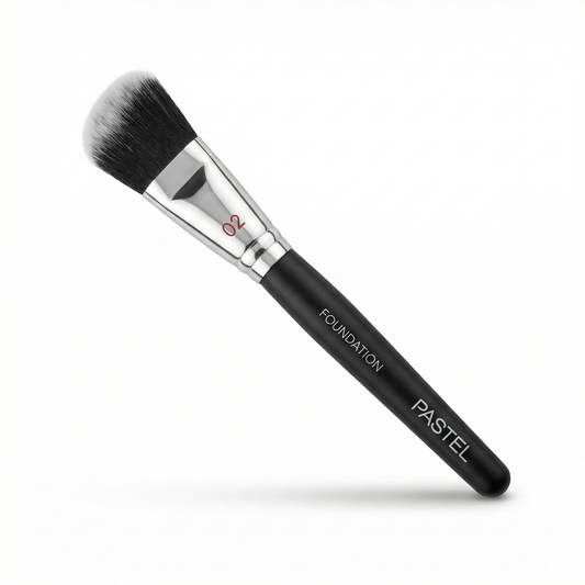 Pastel Base Brush #02 with black synthetic bristles, silver ferrule, and black handle on white background