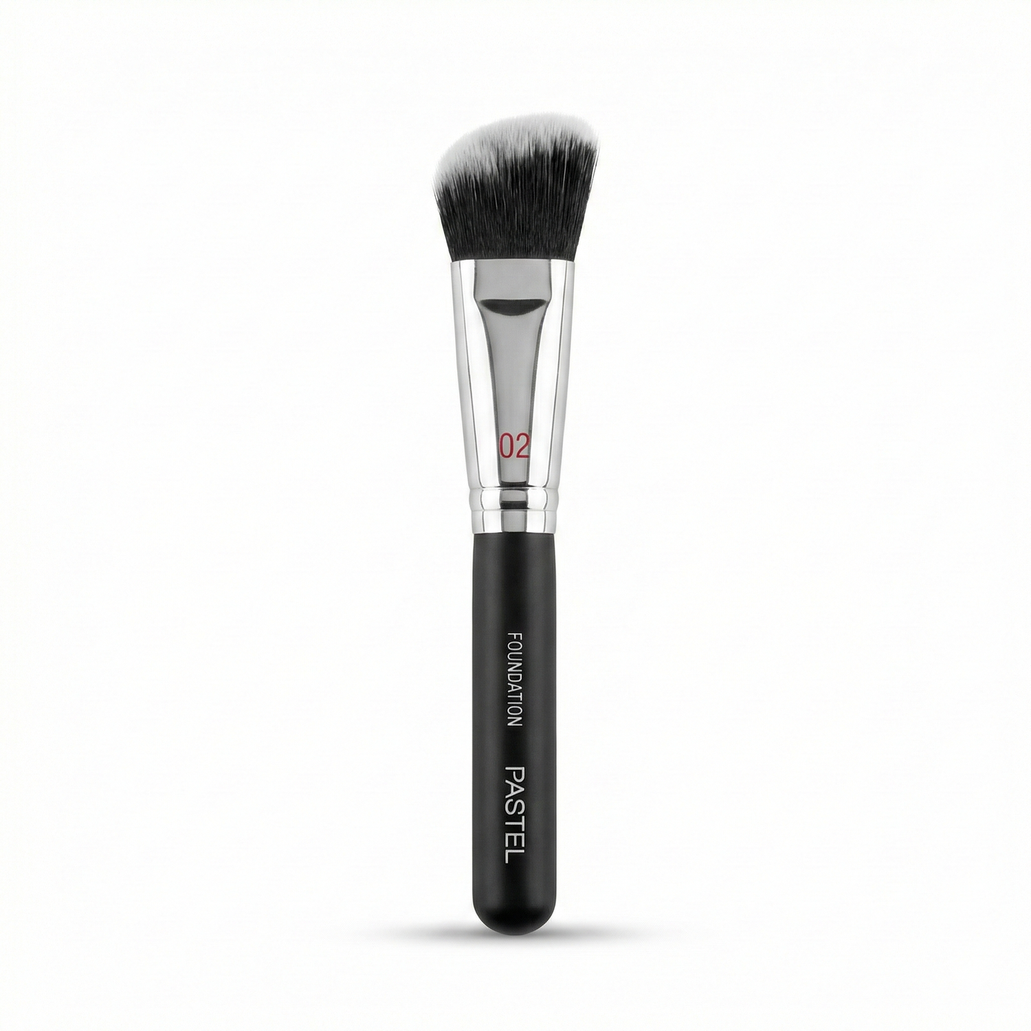 Pastel Base Brush #02 with black handle, chrome ferrule, and dense rounded synthetic bristles for foundation application