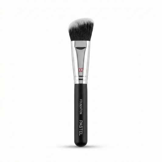 Pastel Base Brush #02 with black handle, chrome ferrule, and dense rounded synthetic bristles for foundation application