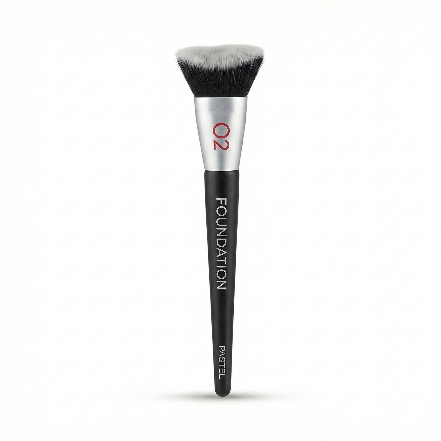 Pastel Foundation Base Brush #02 with silver ferrule, black handle, and dense flat-top synthetic bristles for makeup application