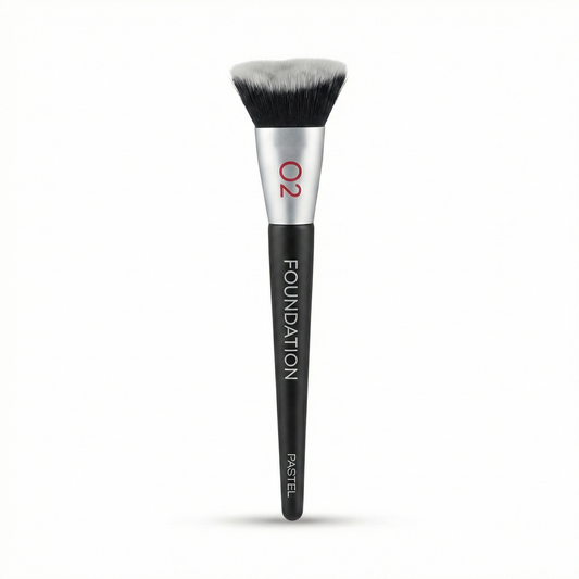 Pastel Foundation Base Brush #02 with silver ferrule, black handle, and dense flat-top synthetic bristles for makeup application