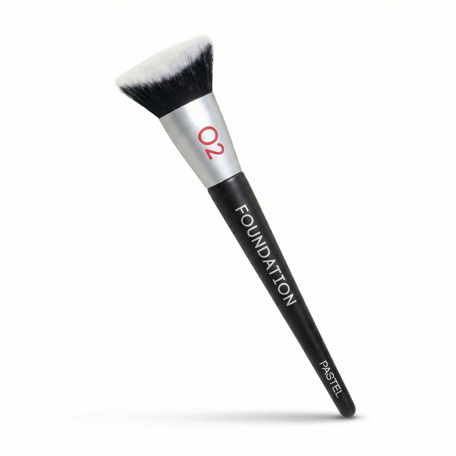 Pastel Foundation Base Brush #08 with angled synthetic bristle head, silver ferrule, and black handle against white background
