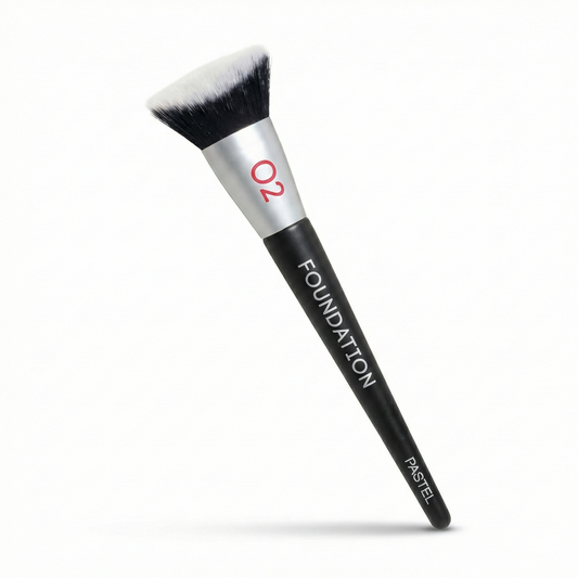 Pastel Foundation Base Brush #08 with angled synthetic bristle head, silver ferrule, and black handle against white background