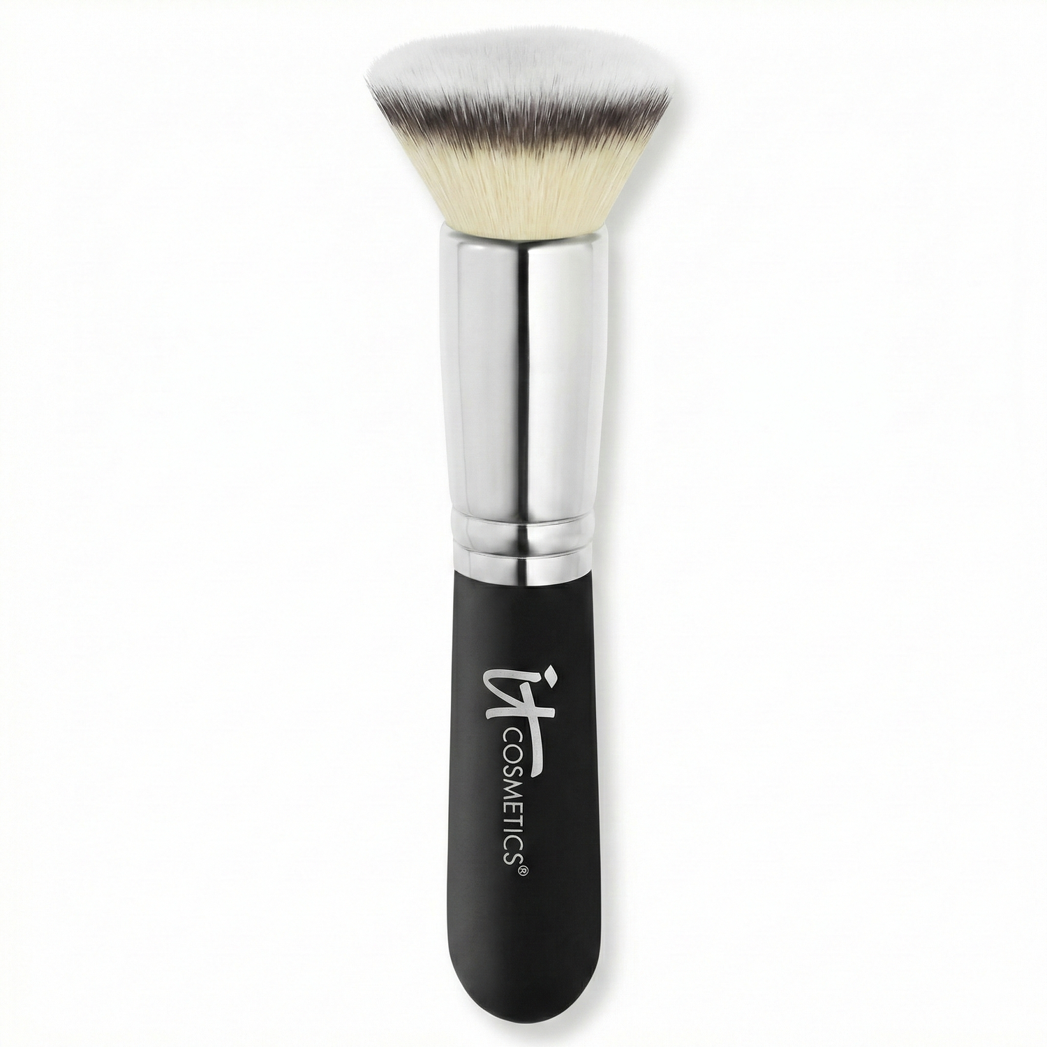 IT Cosmetics Base Brush #10 with rounded kabuki head, synthetic bristles, black handle with chrome ferrule, professional makeup applicator