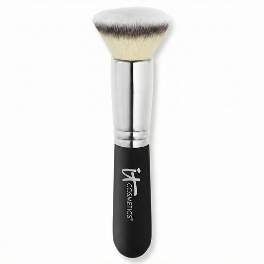IT Cosmetics Base Brush #10 with rounded kabuki head, synthetic bristles, black handle with chrome ferrule, professional makeup applicator