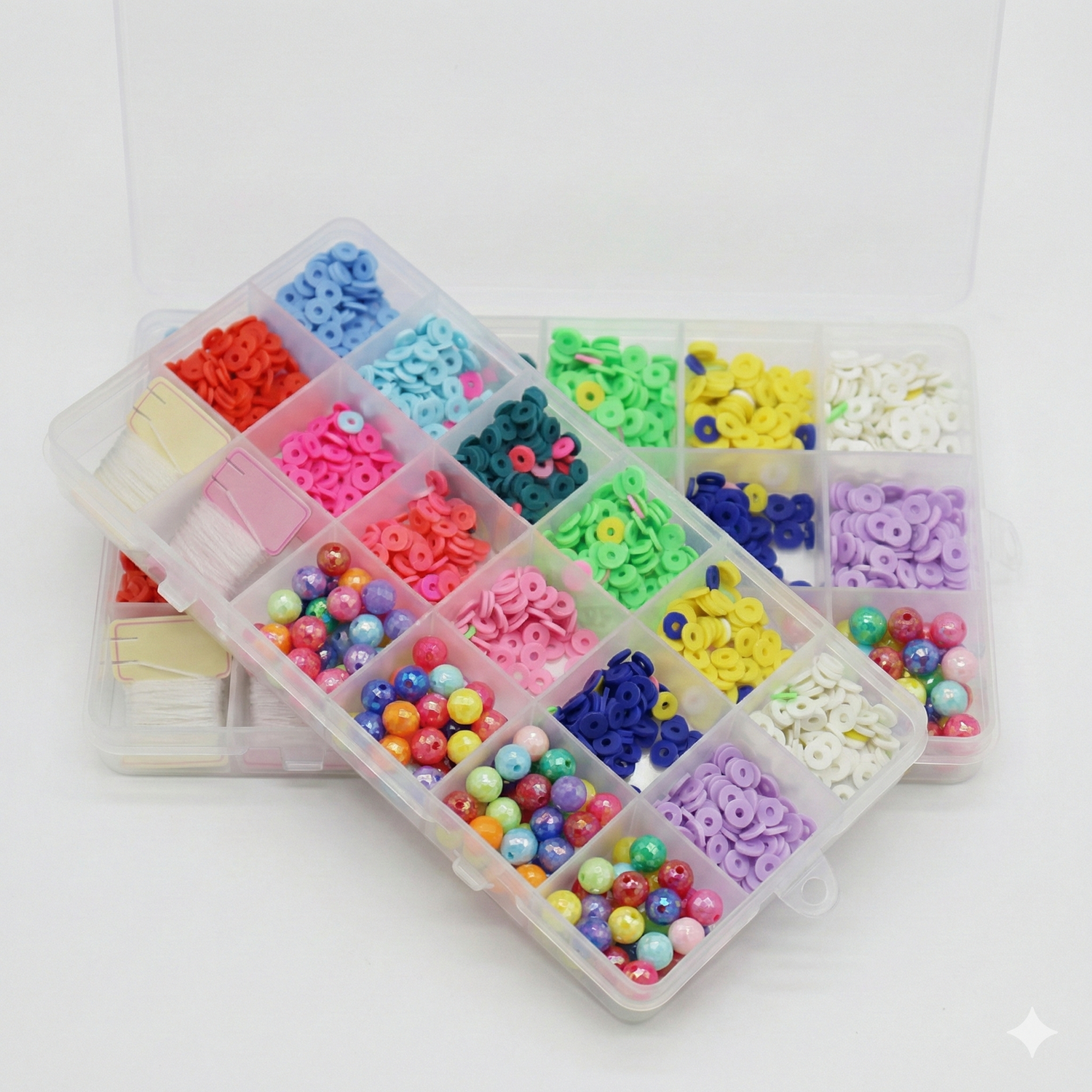 Beads Set 1058 with 24-compartment clear storage box showing colorful polymer beads, round beads, spacers, and pearl beads in multiple colors including red, pink, blue, green, yellow, purple, and white.