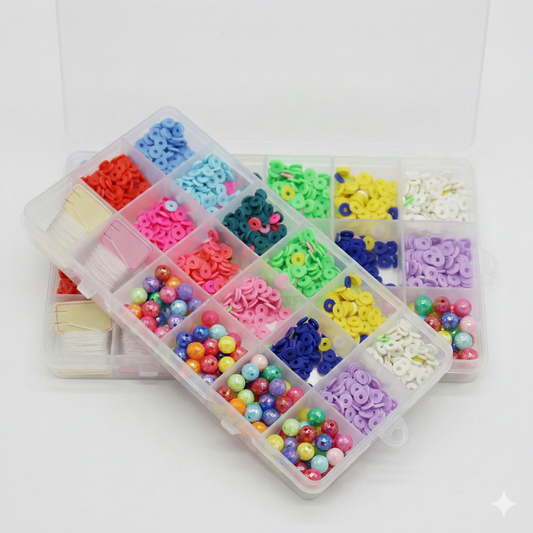 Beads Set 1058 with 24-compartment clear storage box showing colorful polymer beads, round beads, spacers, and pearl beads in multiple colors including red, pink, blue, green, yellow, purple, and white.