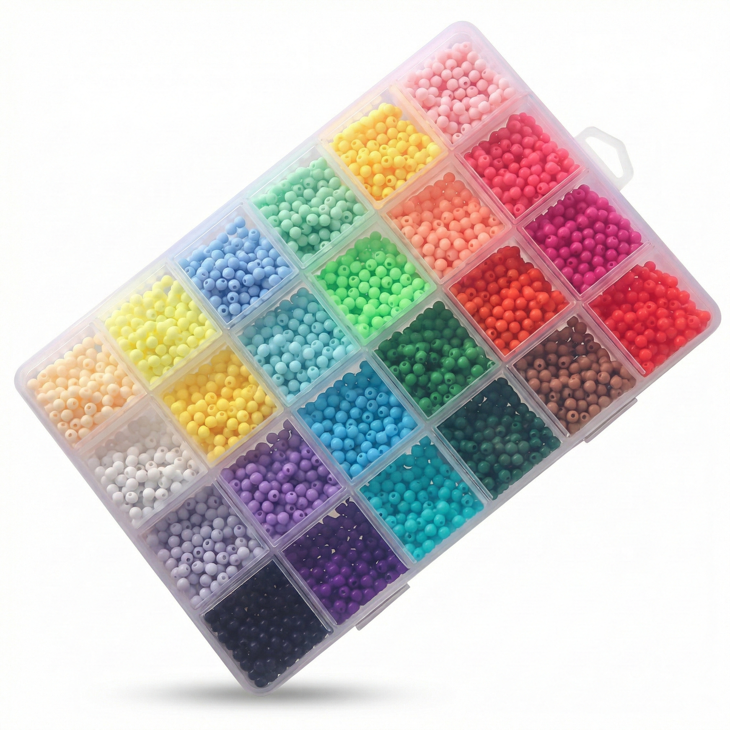 Beads Set 1059 with 24 compartments filled with colorful beads in pink, yellow, red, purple, blue, green, white, and black arranged in clear plastic storage box