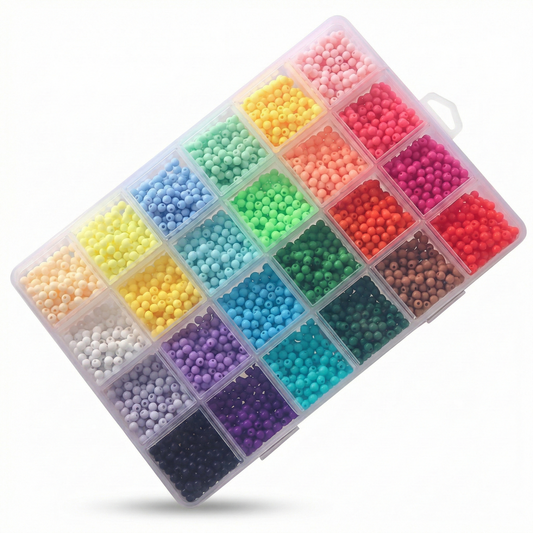 Beads Set 1059 with 24 compartments filled with colorful beads in pink, yellow, red, purple, blue, green, white, and black arranged in clear plastic storage box