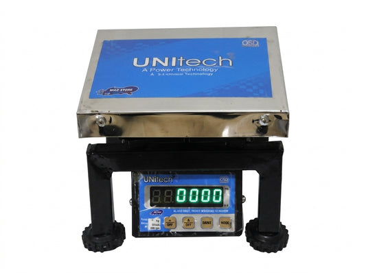 UNItech Bench Model digital scale with stainless steel platform and LED display showing 0.0000g reading