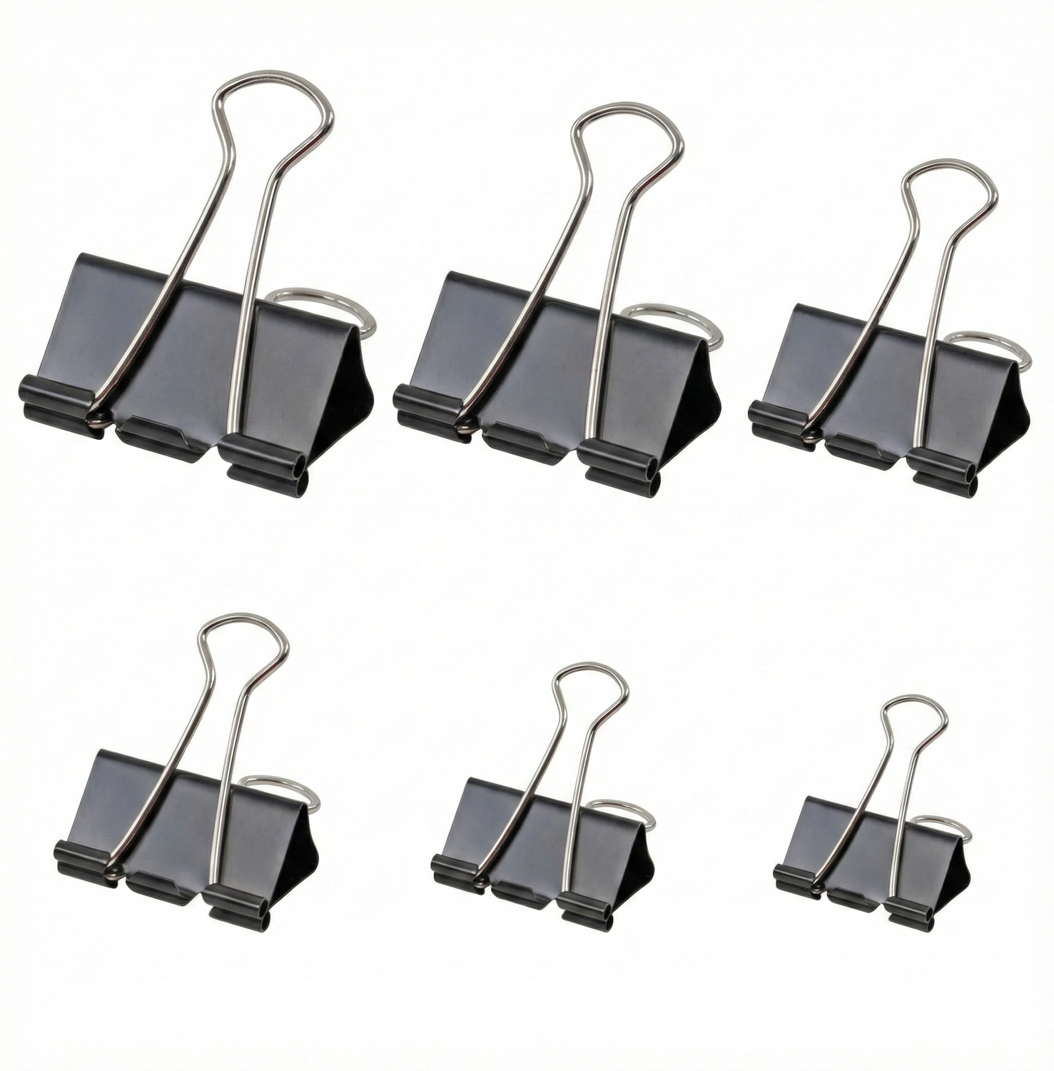 Six black 15mm binder clips with silver metal handles arranged in two rows on white background