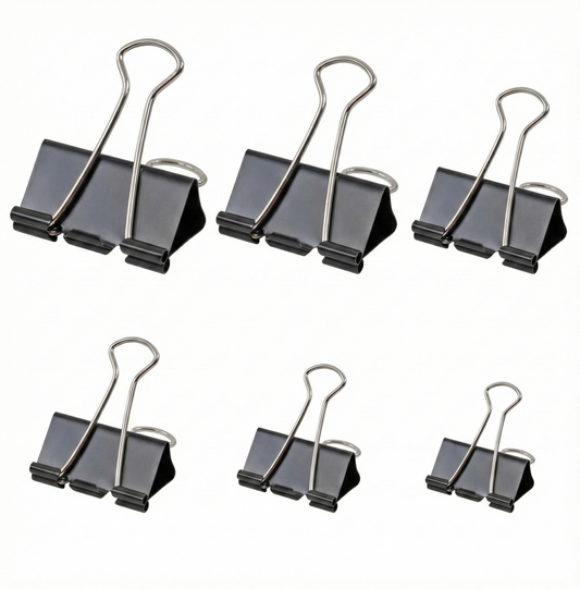 Six black 15mm binder clips with silver metal handles arranged in two rows on white background