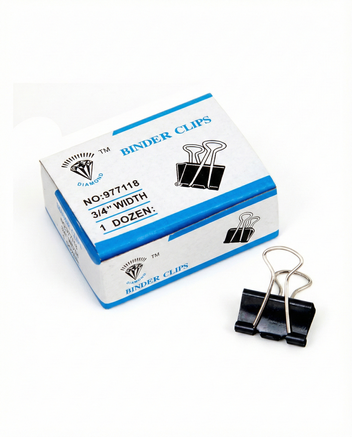 Diamond Binder Clips 19mm 3/4" width box with 1 dozen black metal clips, showing packaging and two individual clips with silver handles.