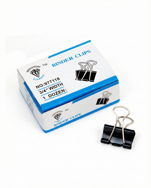 Diamond Binder Clips 19mm 3/4" width box with 1 dozen black metal clips, showing packaging and two individual clips with silver handles.