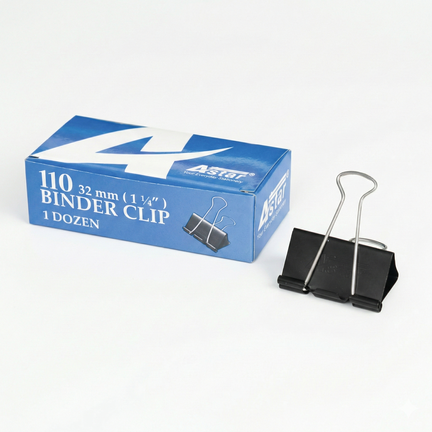 ASTRO 32mm binder clip box with 110 pack quantity and single black metal clip with wire handles displayed separately