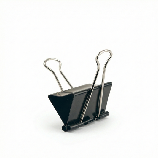 Black metal binder clip 41mm with silver wire handles on white background, professional office and studio stationery tool