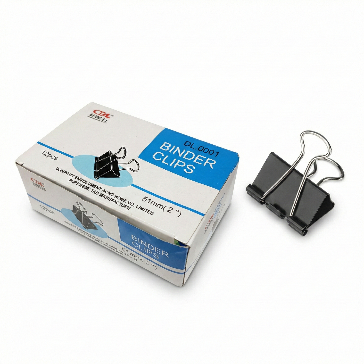 SPL Binder Clips 51mm 12-pack box with two black metal clips with chrome handles displayed next to packaging.