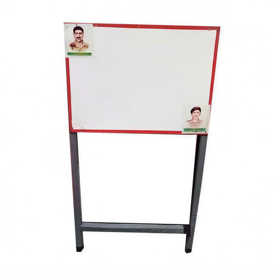 Double-sided whiteboard with red frame and metal stand legs, includes two portrait photos as examples