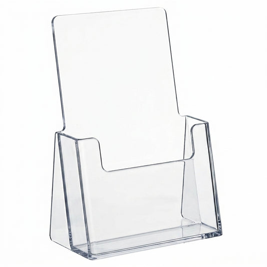 Clear acrylic brochure stand with two-tier design, model A5 7153, transparent with polished edges