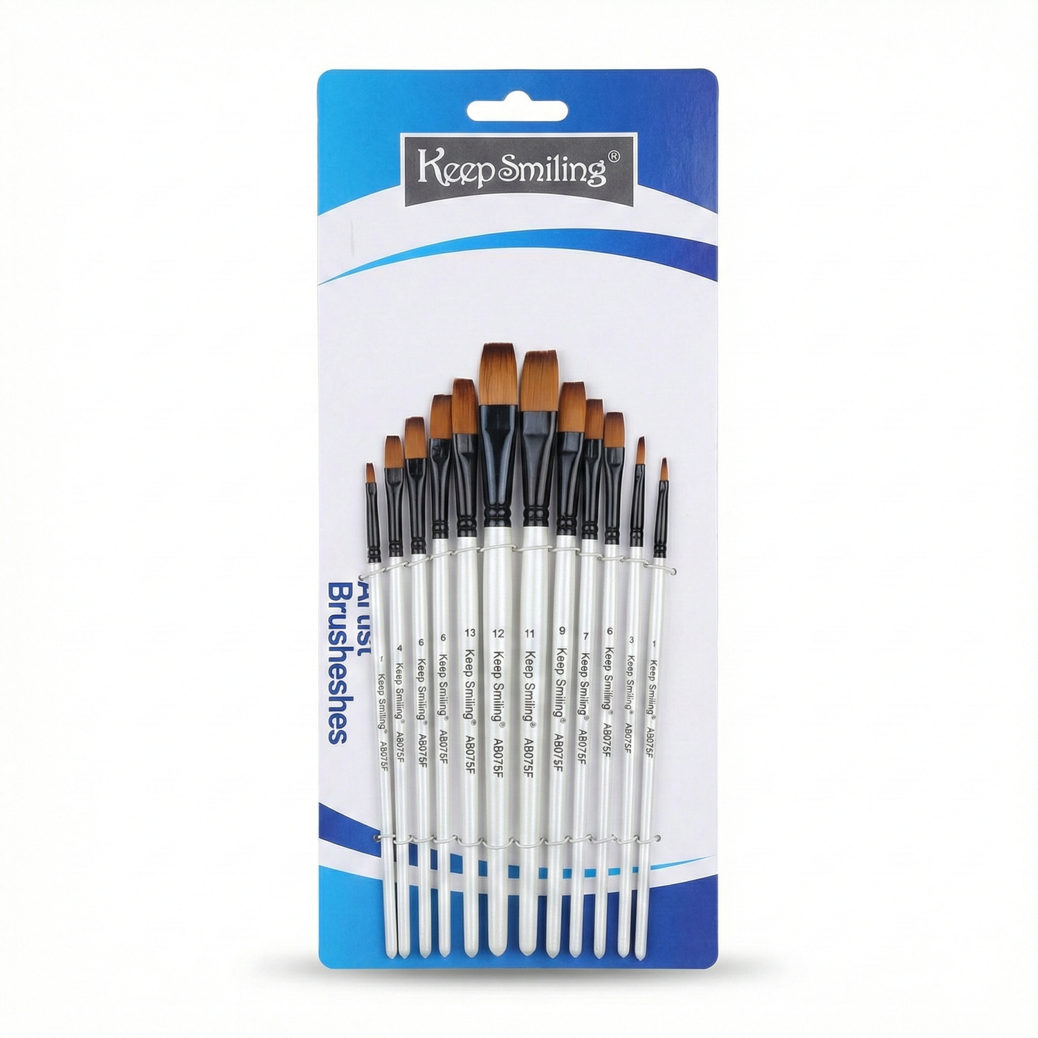 Keep Smiling Brush Set 6075 KS displaying 15 nylon art brushes with brown bristles, black handles, and silver ferrules arranged in a fan pattern on blue and white packaging.