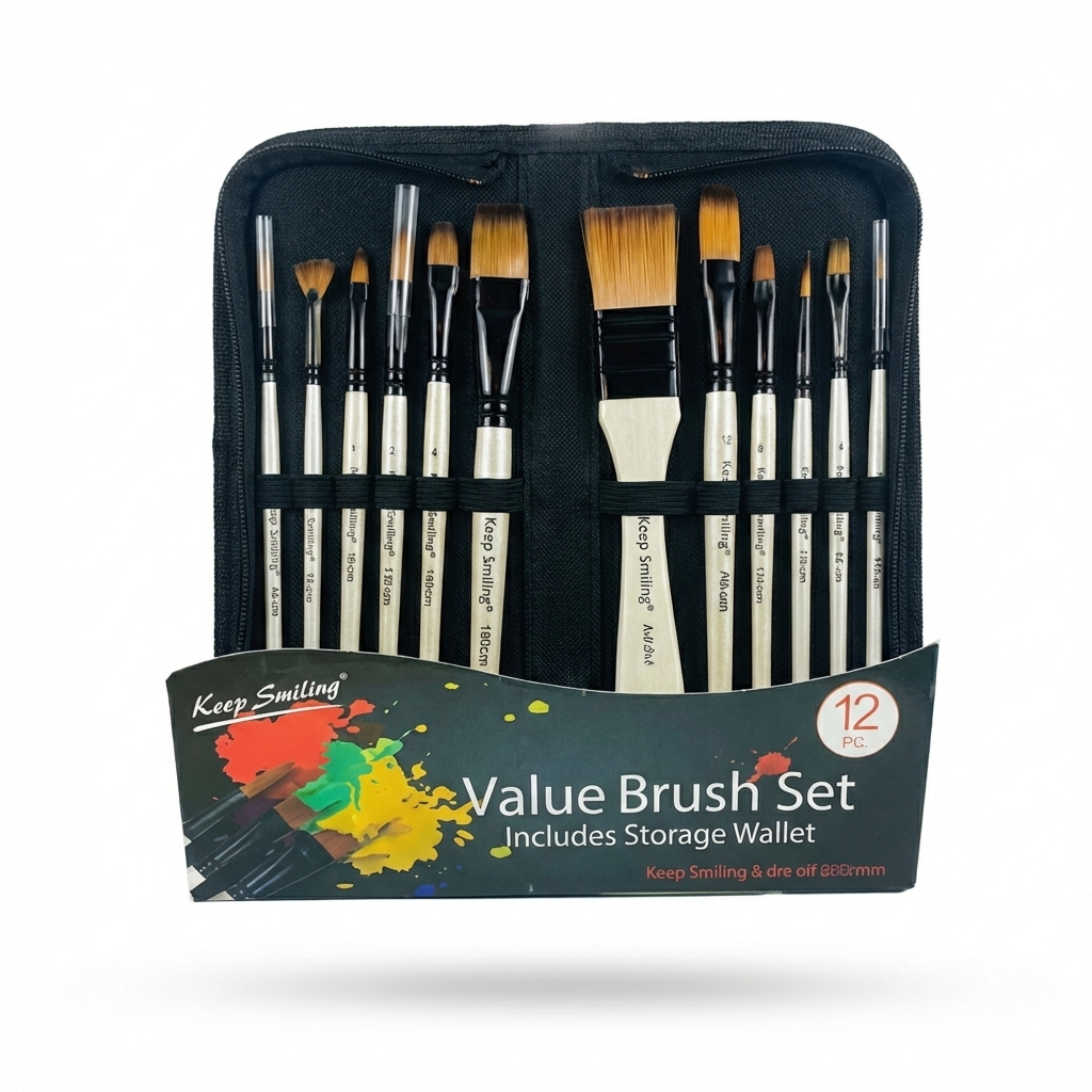 Keep Smiling 12-piece brush set in black canvas storage wallet with assorted brush sizes and golden synthetic bristles with wooden handles