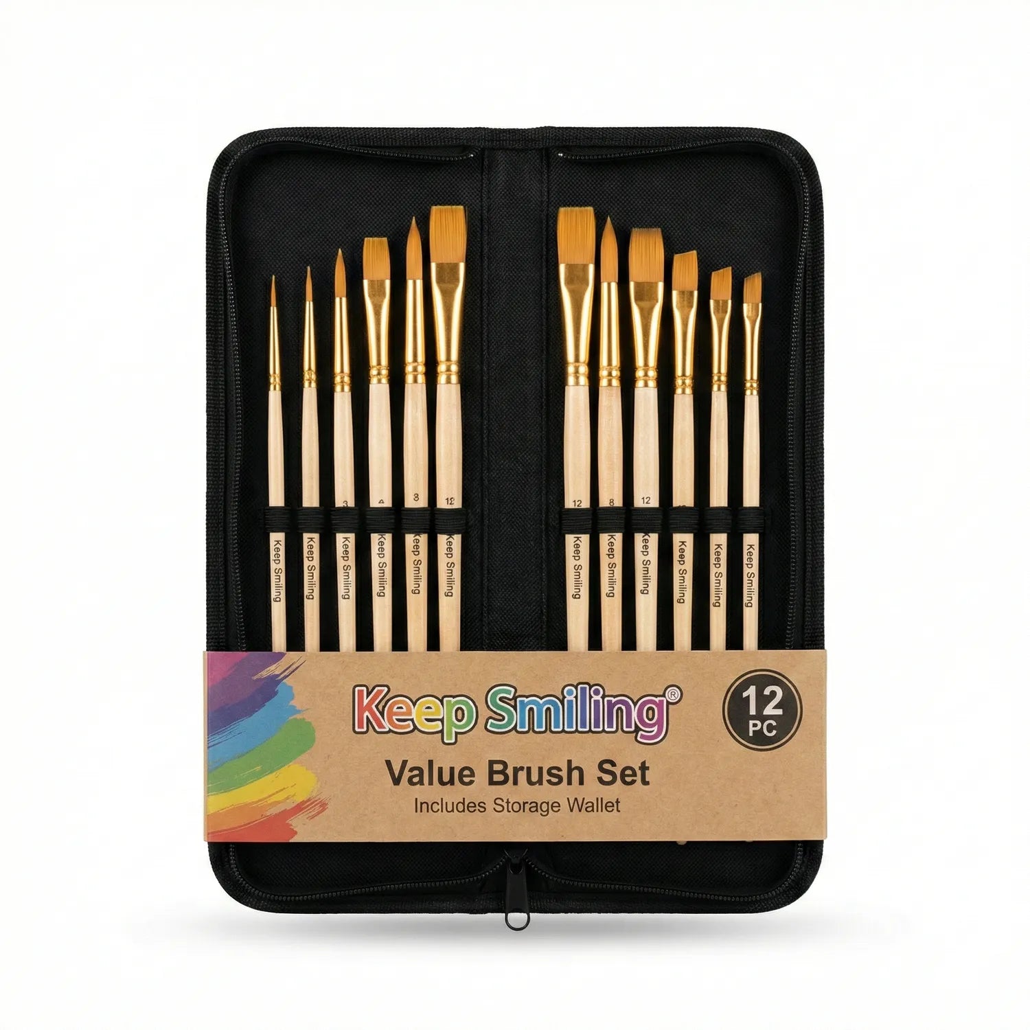 Keep Smiling 12 Piece Value Brush Set in black storage wallet with wooden handles and golden nylon bristles, assorted brush sizes displayed