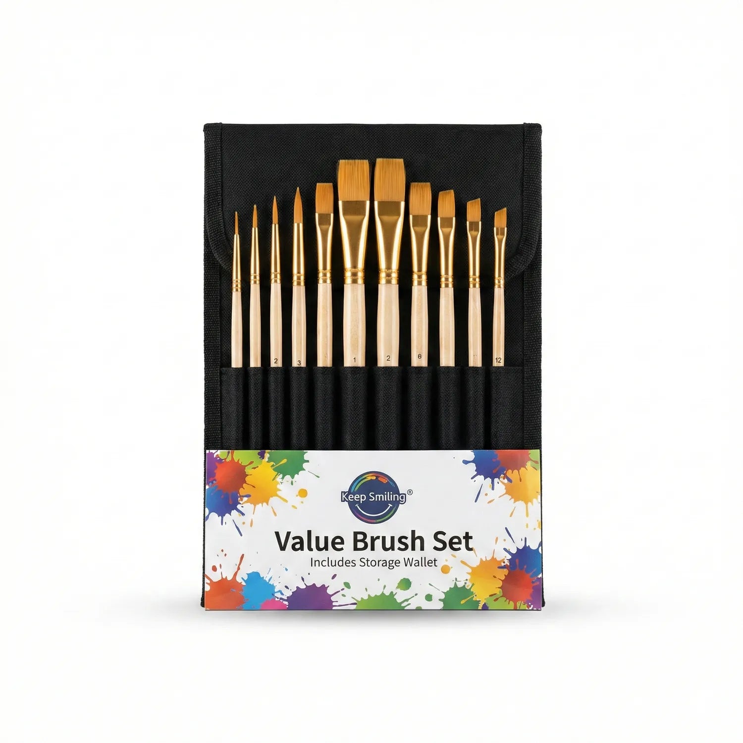 Keep Smiling Value Brush Set containing 12 assorted brushes with golden nylon bristles and wooden handles in black canvas storage wallet