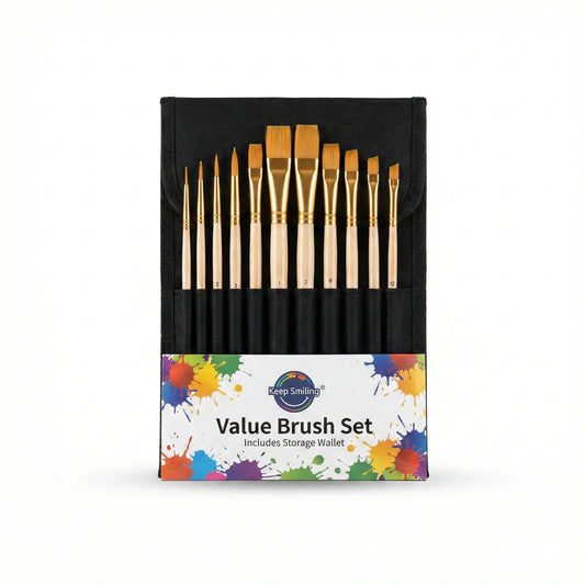 Keep Smiling Value Brush Set containing 12 assorted brushes with golden nylon bristles and wooden handles in black canvas storage wallet