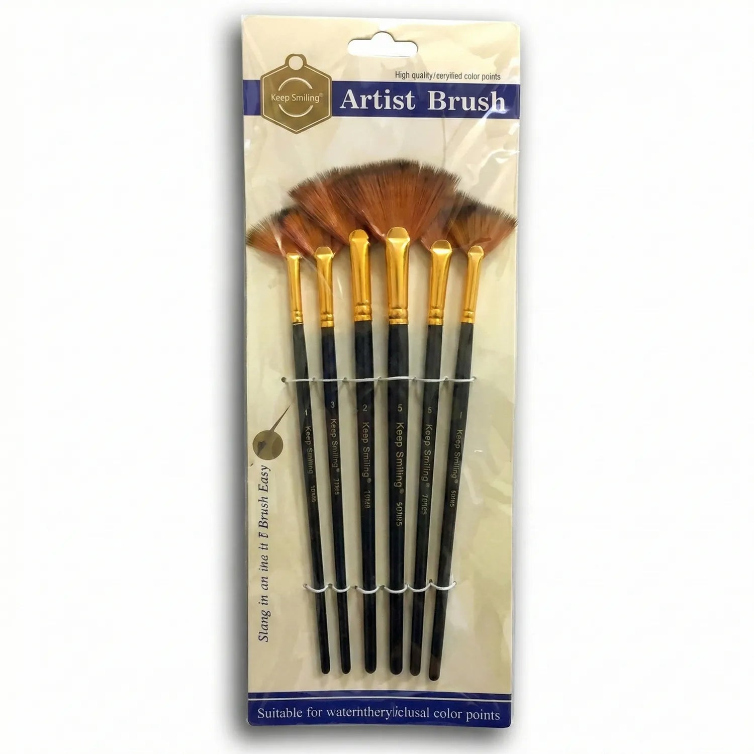 Keep Smiling Artist Brush Set 6308 KS with 6 professional brushes, gold ferrules, natural brown bristles, black handles in retail packaging