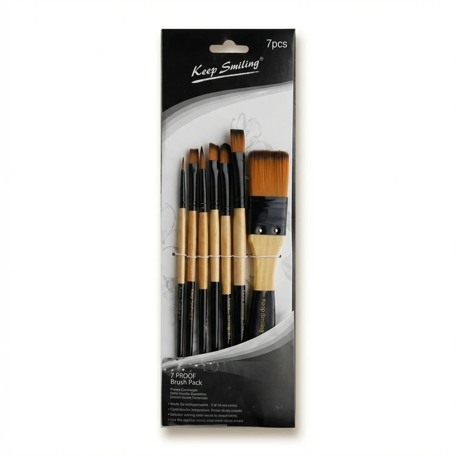 Keep Smiling 7 Piece Brush Set 7001 KS featuring synthetic bristles with wooden handles, including angled and flat brushes for professional makeup application