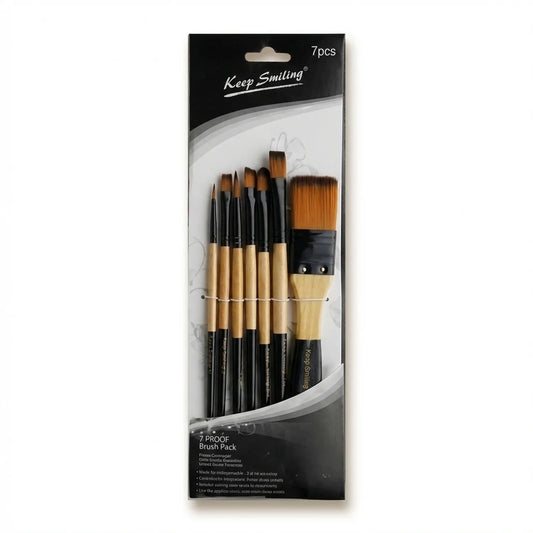 Keep Smiling 7 Piece Brush Set 7001 KS featuring synthetic bristles with wooden handles, including angled and flat brushes for professional makeup application