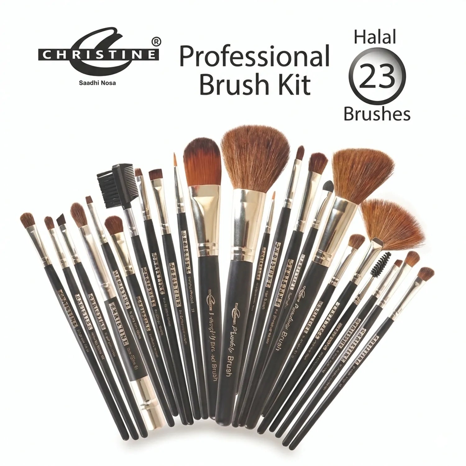 Christine Professional Brush Kit featuring 23 halal-certified brushes with black handles and silver ferrules, displaying various brush sizes and shapes for makeup application