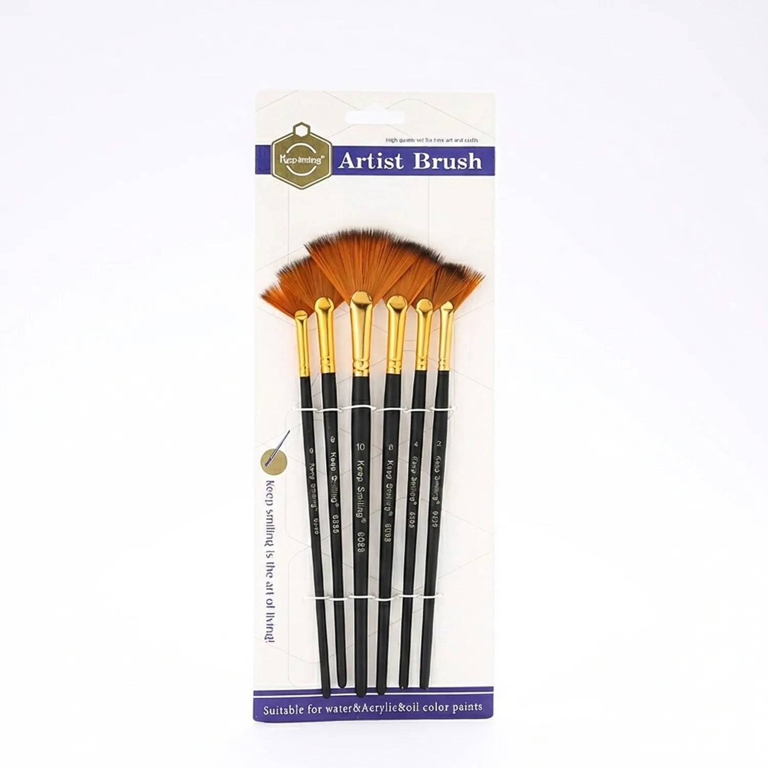 Upbrinig Artist Brush Set Fan 6088 - 6 orange fan brushes with gold ferrules and black handles displayed on packaging