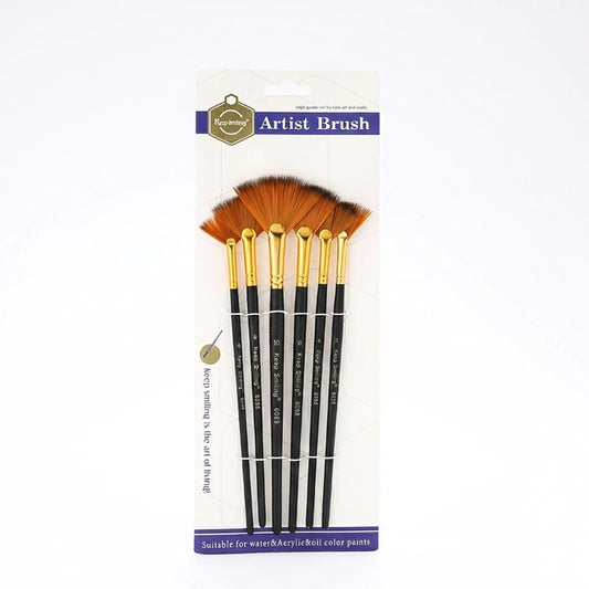 Upbrinig Artist Brush Set Fan 6088 - 6 orange fan brushes with gold ferrules and black handles displayed on packaging