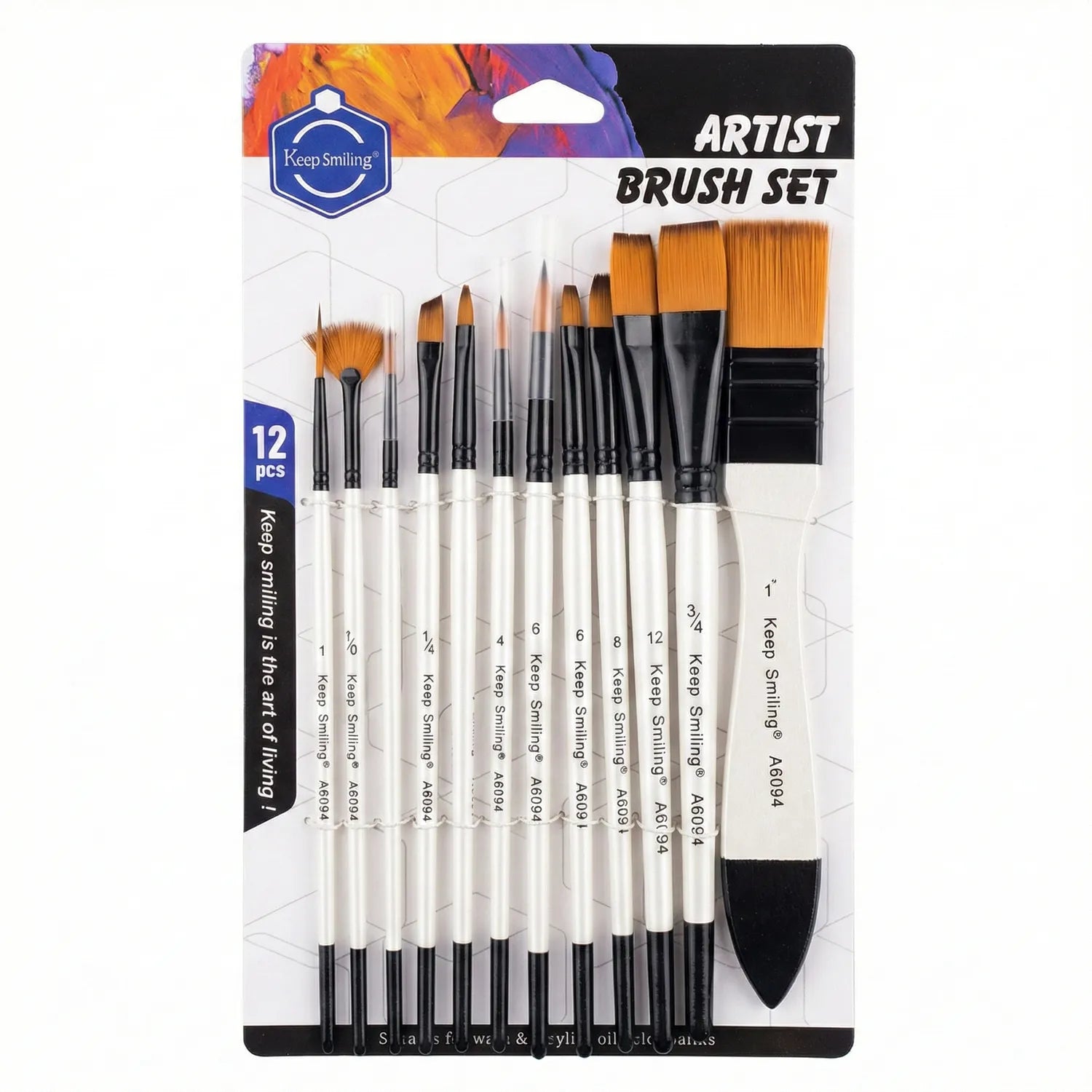 Keep Smiling Artist Brush Set 12 pieces with orange synthetic bristles, white and black handles, various brush shapes and sizes displayed on packaging