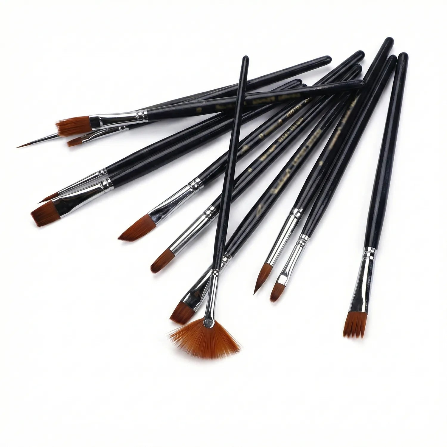 15-piece professional artist brush set with long black handles, mixed natural and synthetic bristles, various brush shapes including rounds, flats, and fan brushes displayed on white background